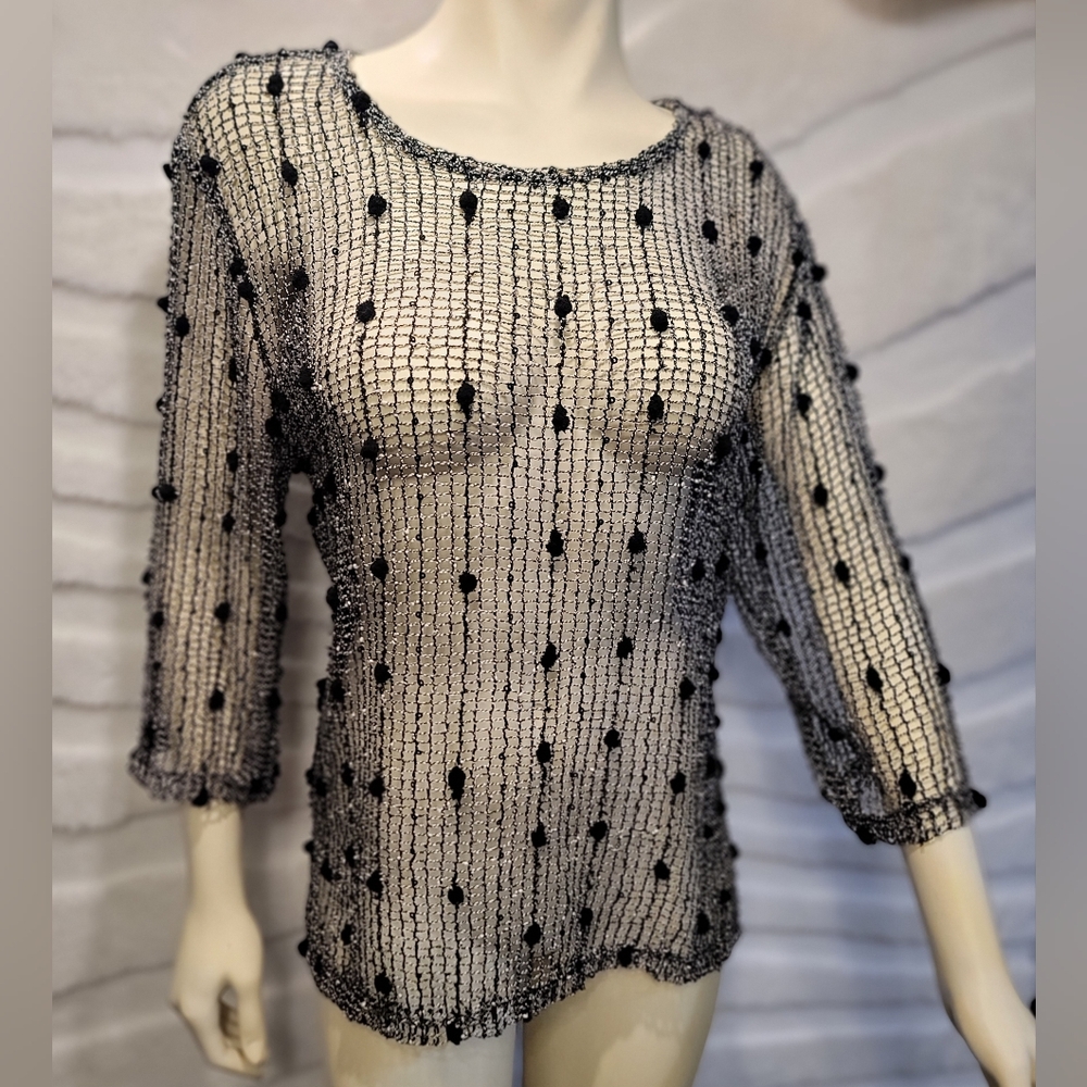 Vtg Vejaiz Designs Black Fishnet Soft Pom Balls Sequins Weave Women Large Top
